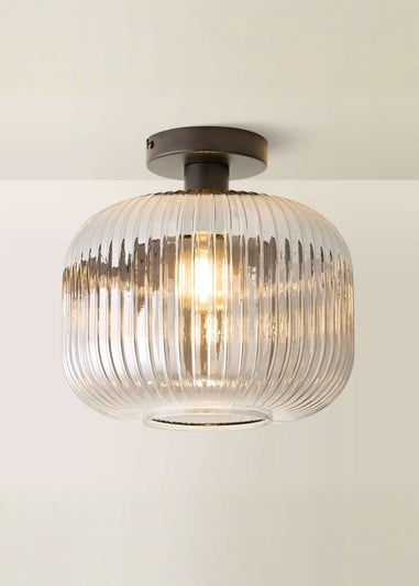 ValueLights Calpe Black Ceiling Light Ribbed Smoked Glass Shade
