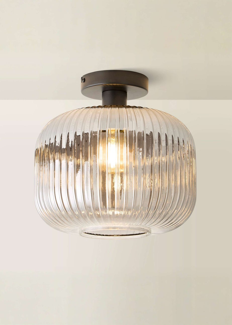 ValueLights Calpe Black Ceiling Light Ribbed Smoked Glass Shade