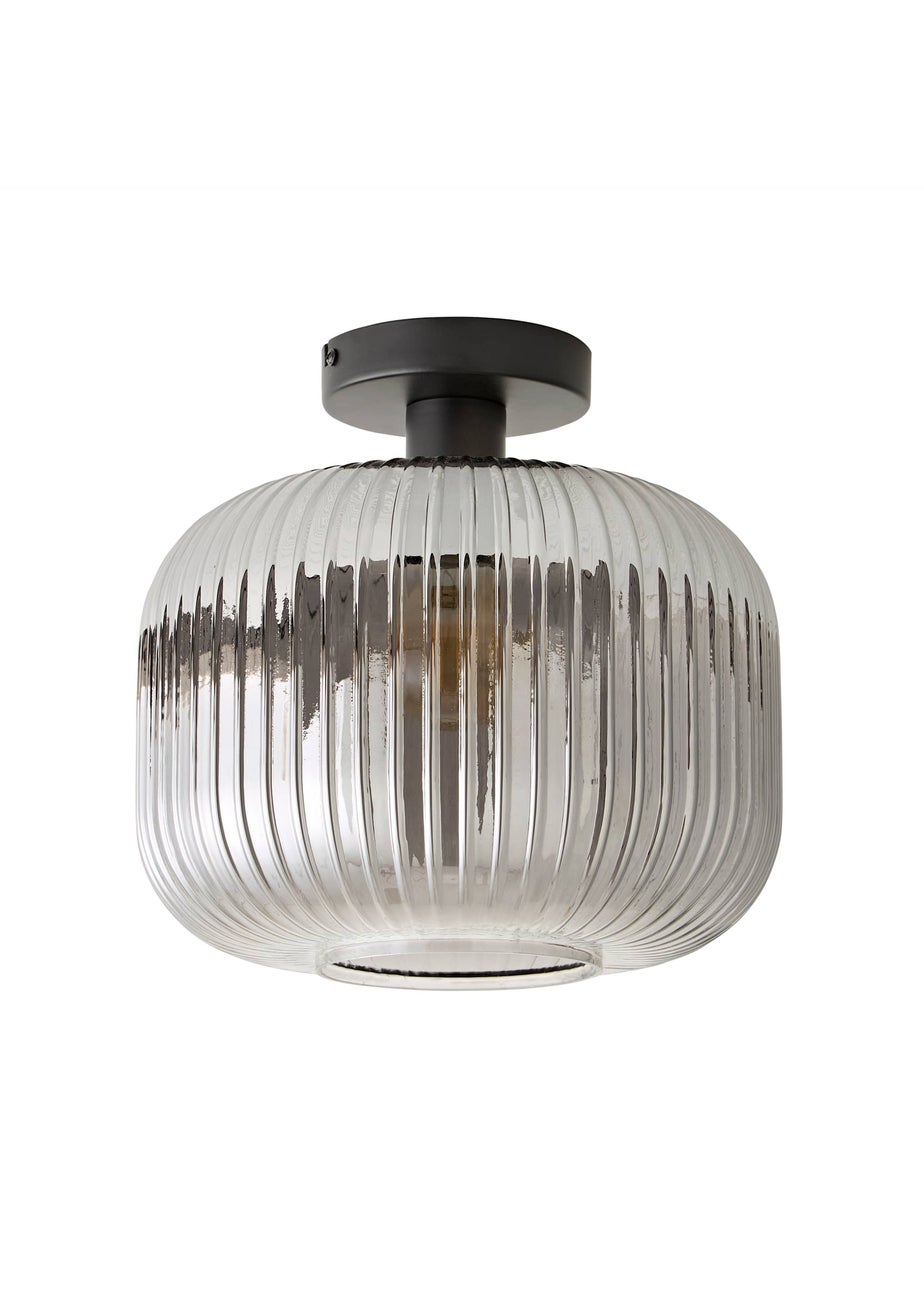 ValueLights Calpe Black Ceiling Light Ribbed Smoked Glass Shade
