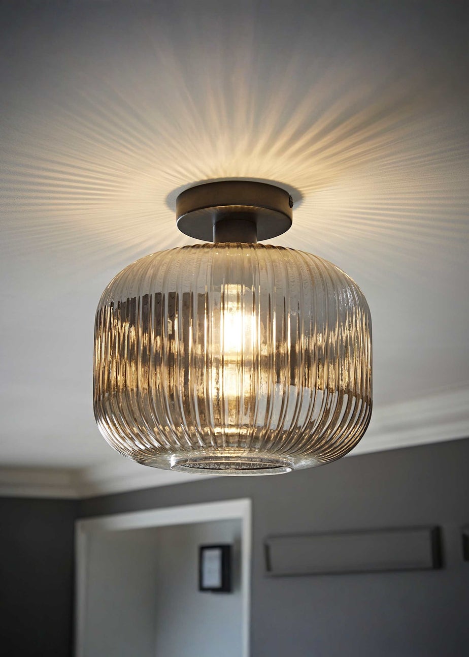 ValueLights Calpe Black Ceiling Light Ribbed Smoked Glass Shade