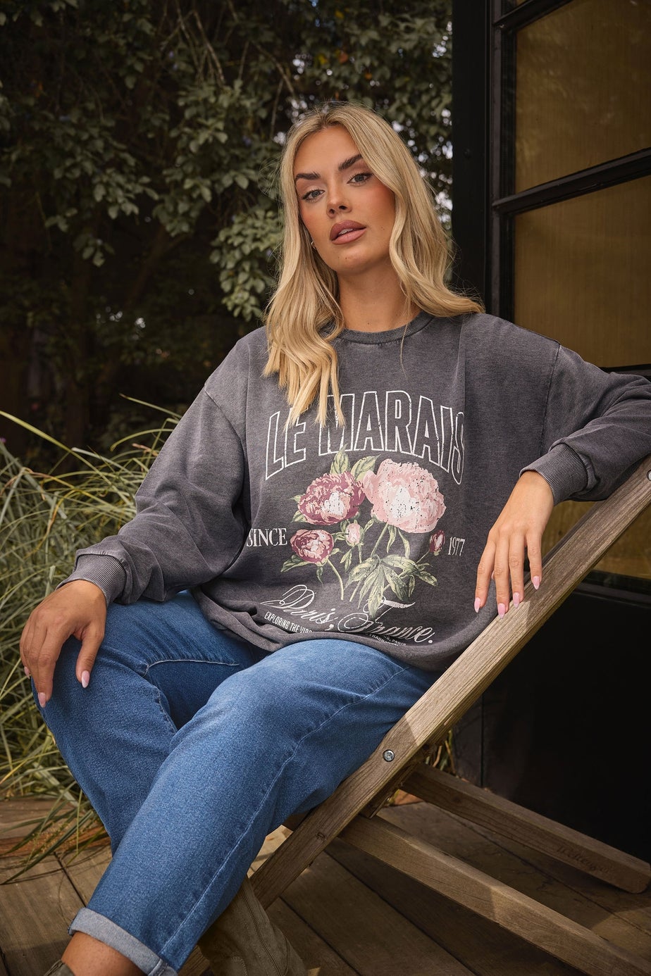 Yours Curve Grey Acid Wash Floral Print Sweatshirt
