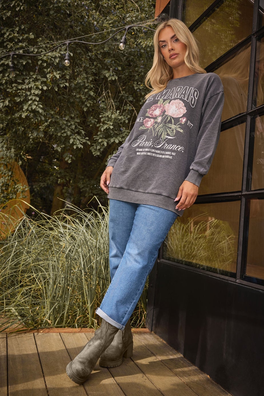Yours Curve Grey Acid Wash Floral Print Sweatshirt