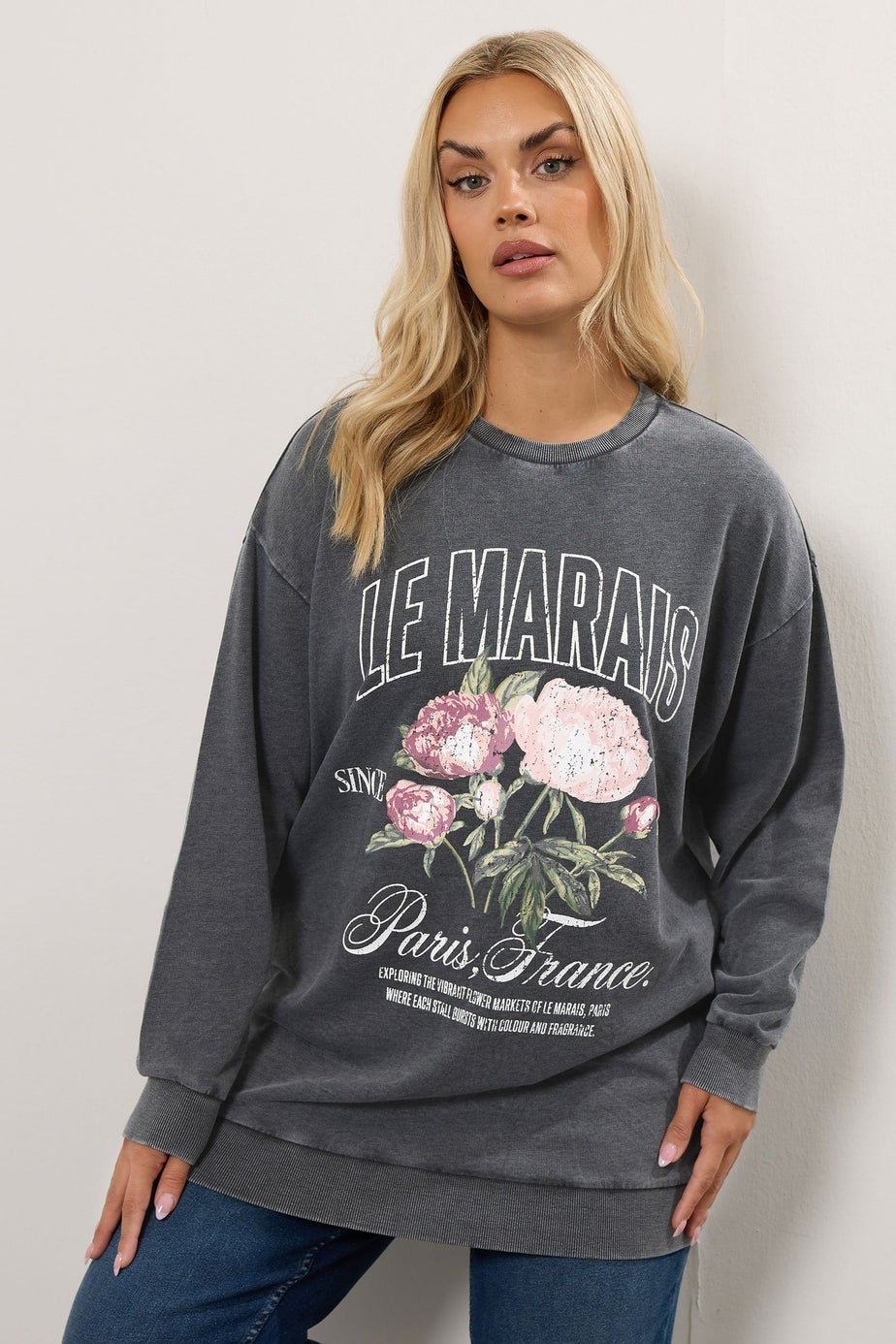Yours Curve Grey Acid Wash Floral Print Sweatshirt