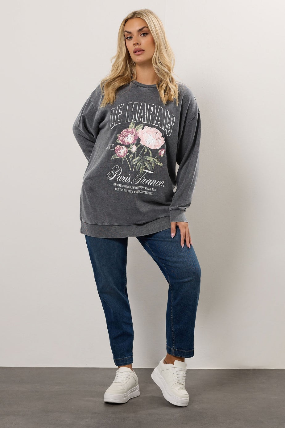 Yours Curve Grey Acid Wash Floral Print Sweatshirt