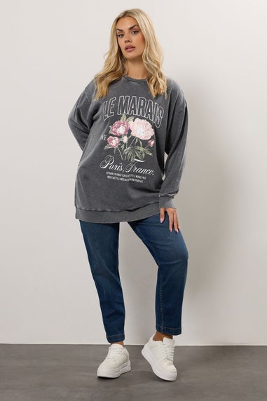 Yours Curve Grey Acid Wash Floral Print Sweatshirt