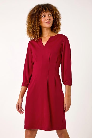 Roman Wine Ponte Notch Neck Stretch Dress