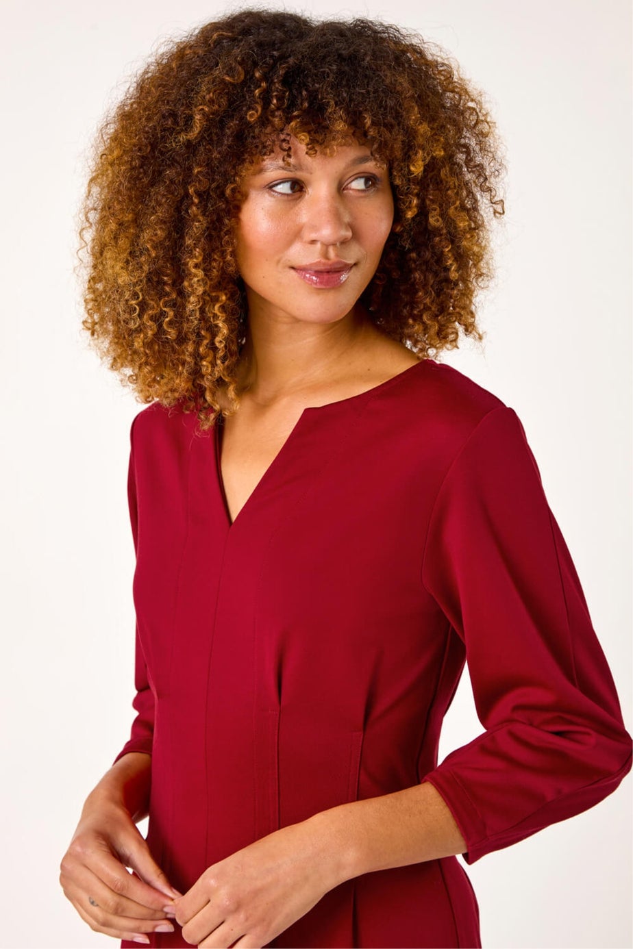 Roman Wine Ponte Notch Neck Stretch Dress