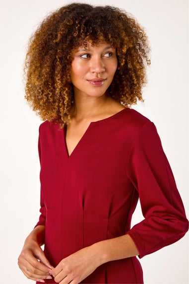 Roman Wine Ponte Notch Neck Stretch Dress