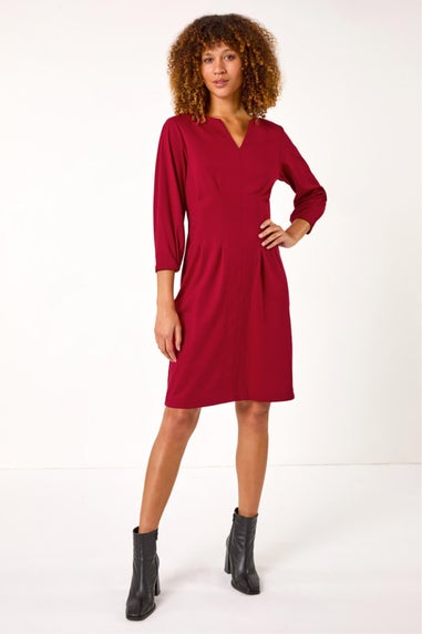Roman Wine Ponte Notch Neck Stretch Dress