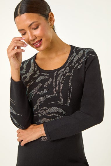 Roman Black Animal Print Embellished Shift Dress