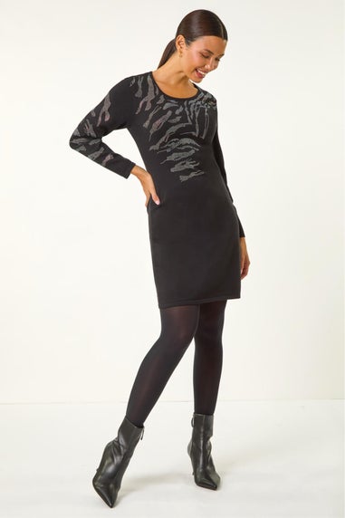 Roman Black Animal Print Embellished Shift Dress
