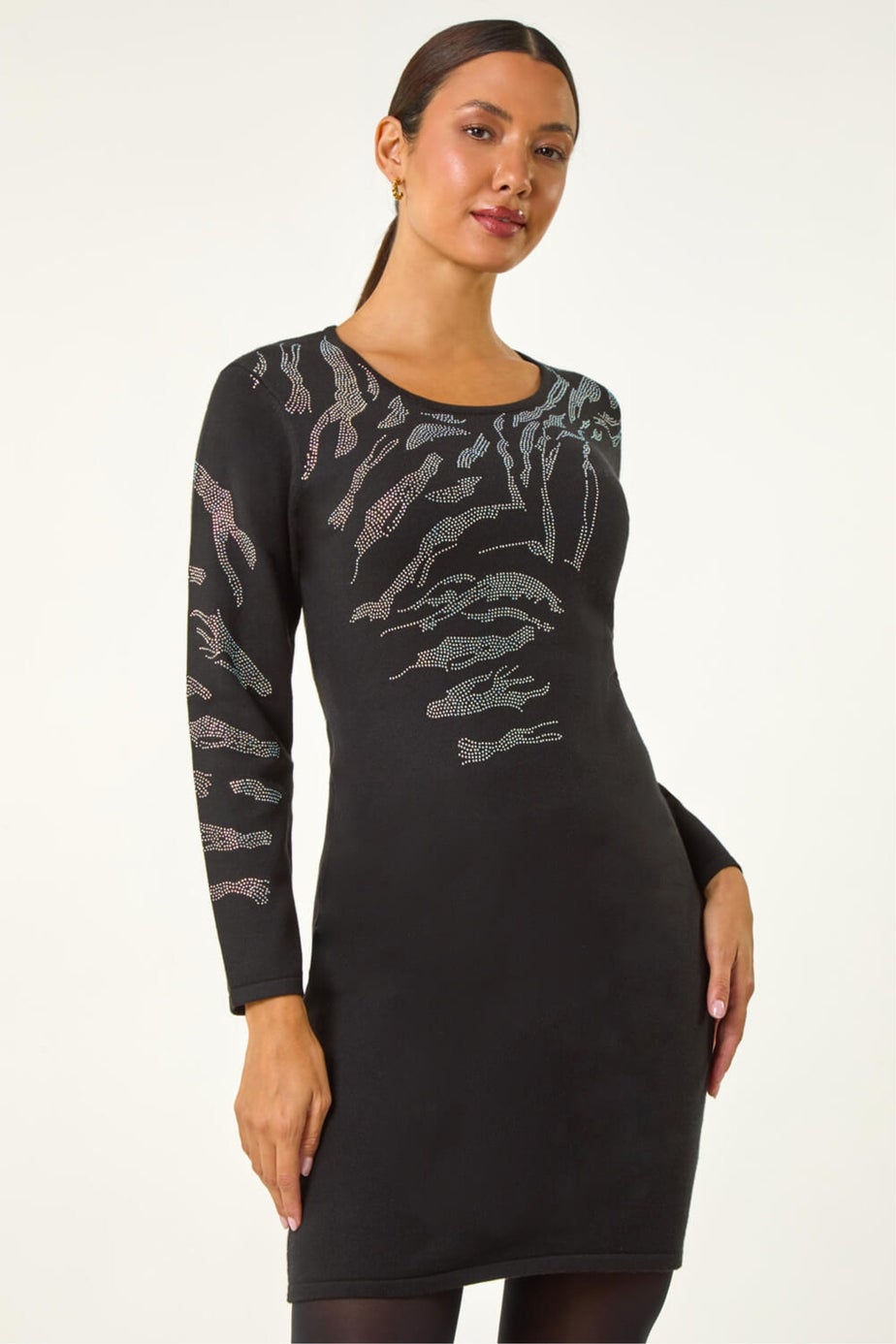 Roman Black Animal Print Embellished Shift Dress
