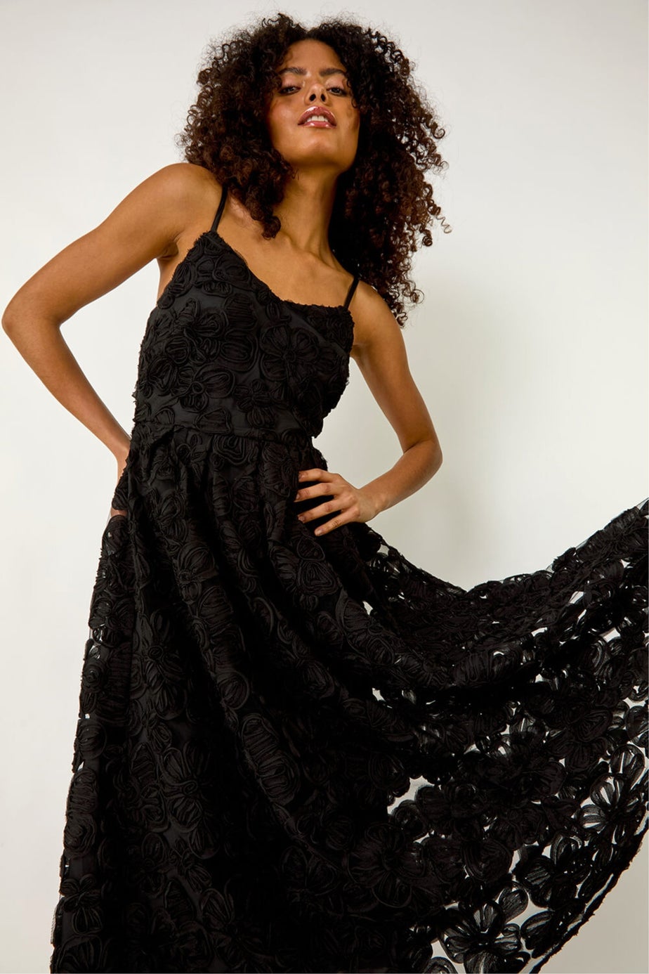 Dusk Black Floral V-Neck Strap Midi Dress