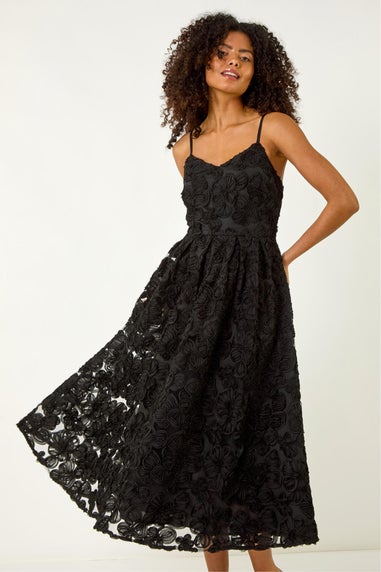 Dusk Black Floral V-Neck Strap Midi Dress