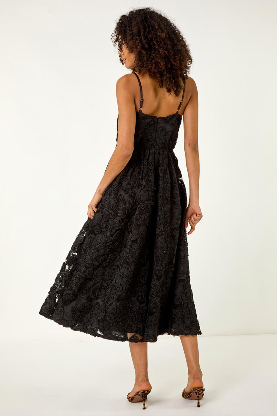 Dusk Black Floral V-Neck Strap Midi Dress