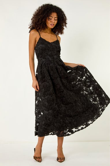 Dusk Black Floral V-Neck Strap Midi Dress