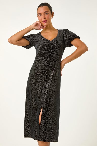 Roman Black Velvet Ruched Front Stretch Midi Dress
