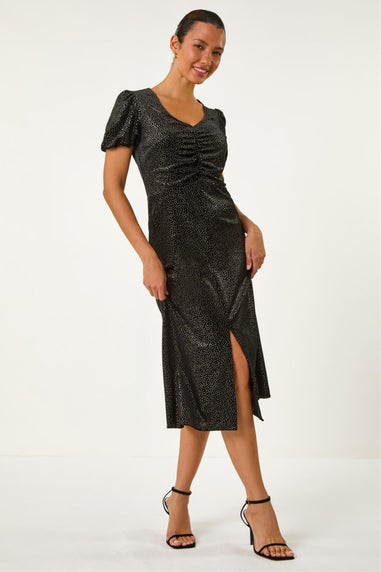 Roman Black Velvet Ruched Front Stretch Midi Dress
