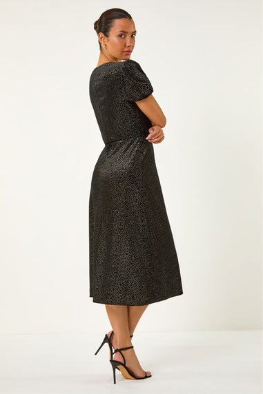 Roman Black Velvet Ruched Front Stretch Midi Dress