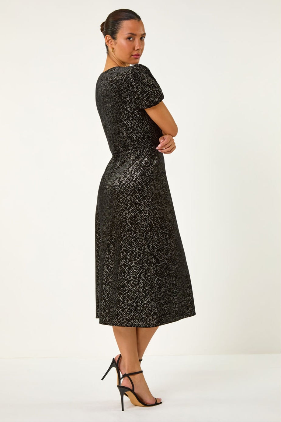 Roman Black Velvet Ruched Front Stretch Midi Dress