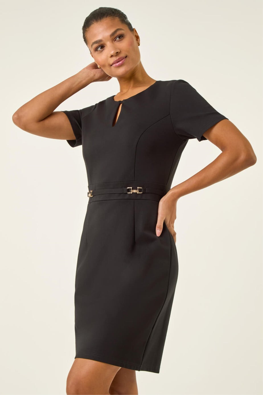 Roman Black Front Keyhole Belted Dress
