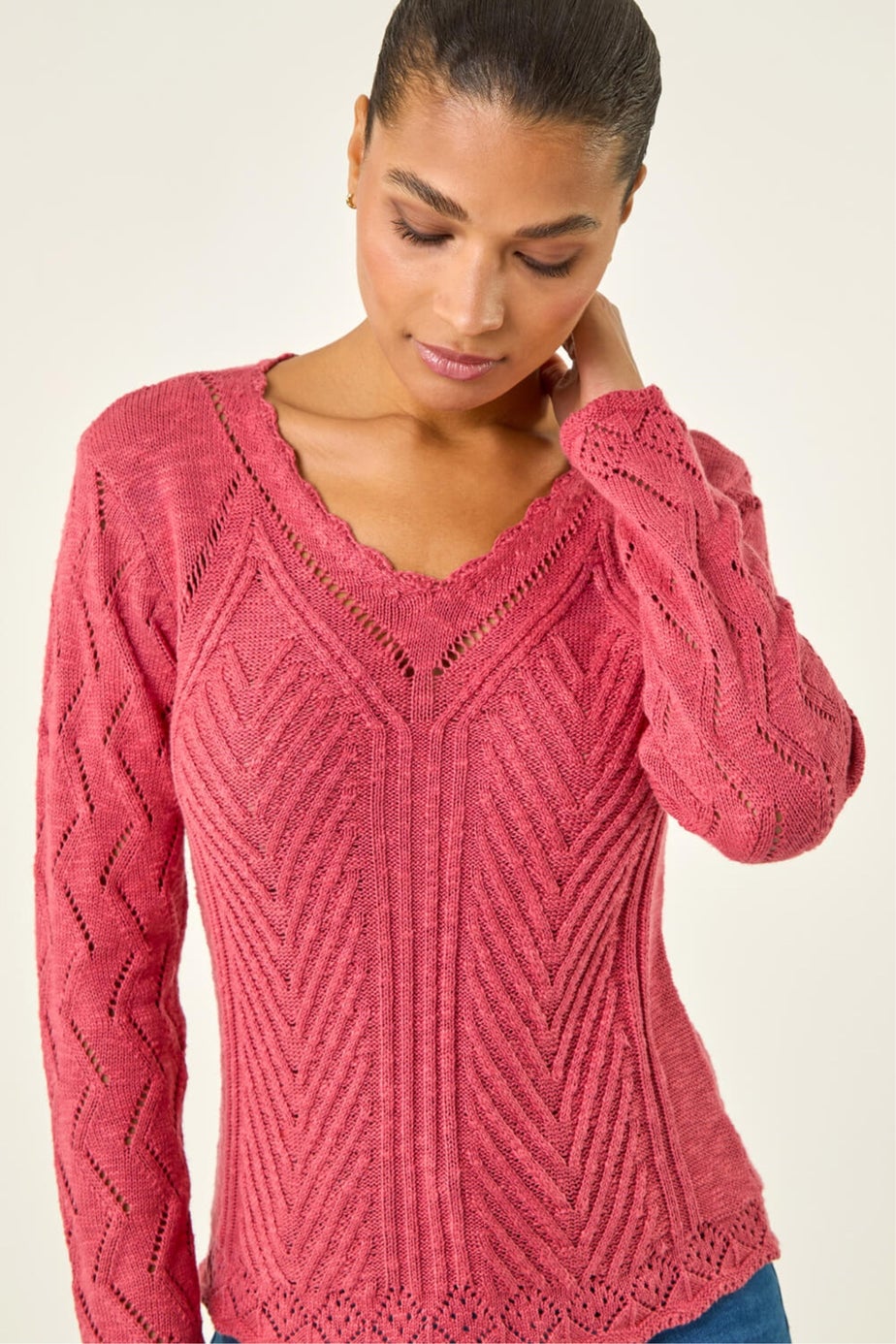Roman Cerise Scallop V-Neck Knit Jumper