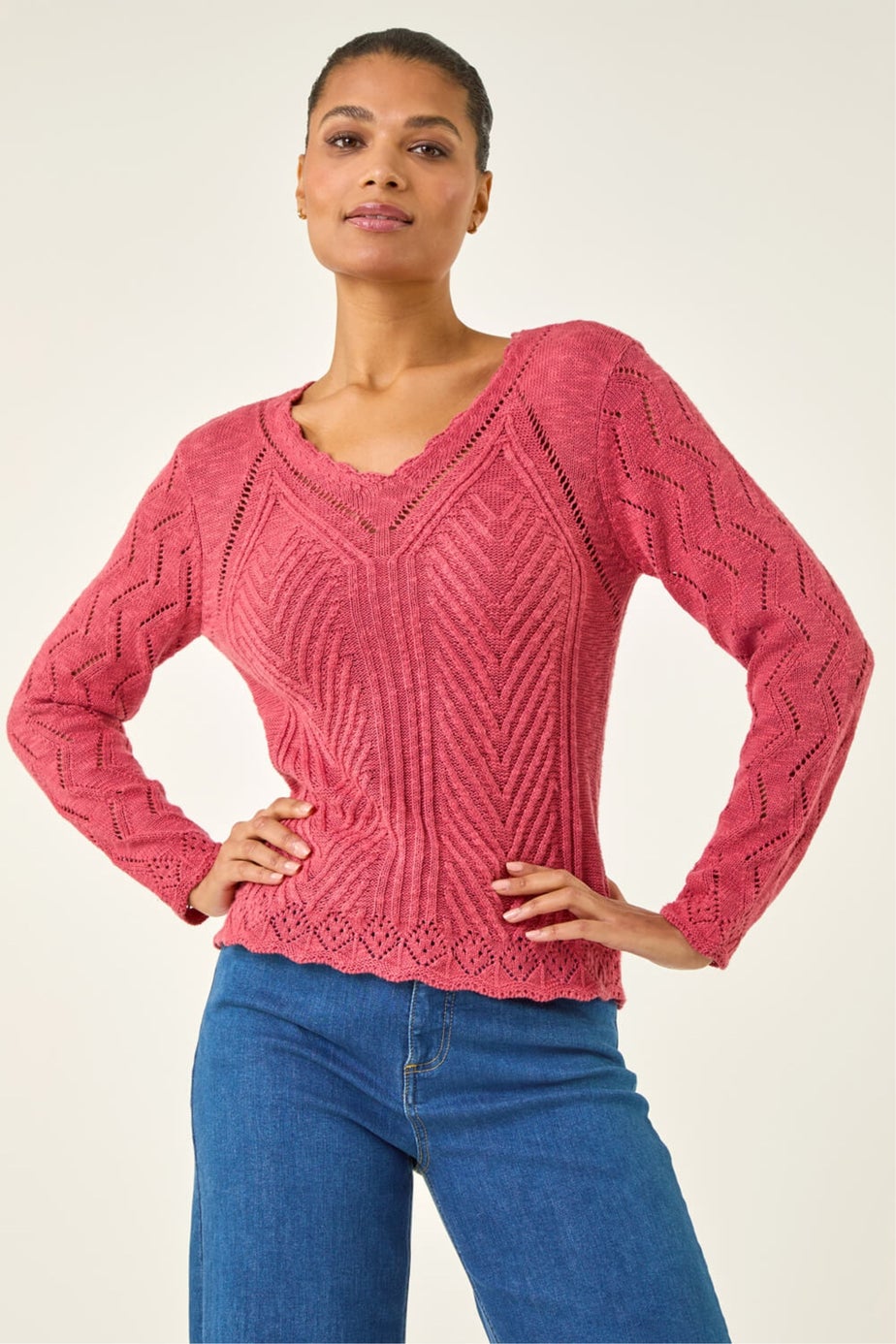 Roman Cerise Scallop V-Neck Knit Jumper