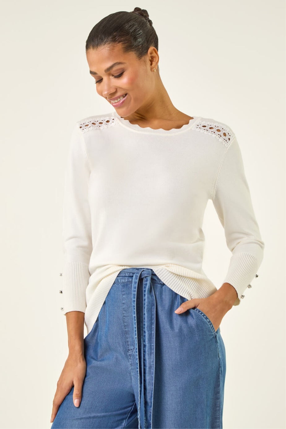 Roman Ivory Scalloped Neck Knit Jumper