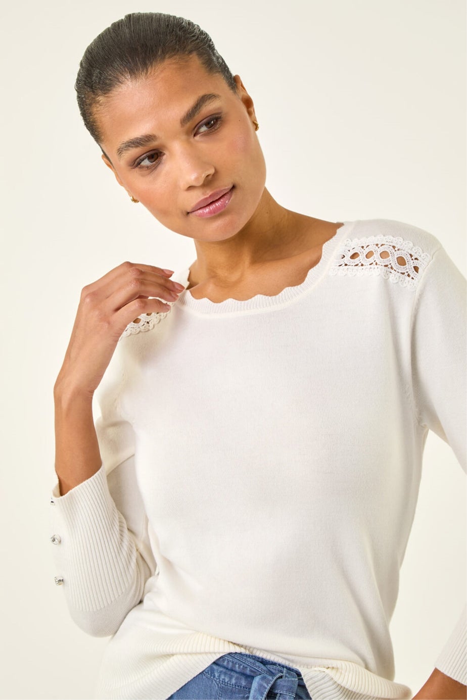 Roman Ivory Scalloped Neck Knit Jumper