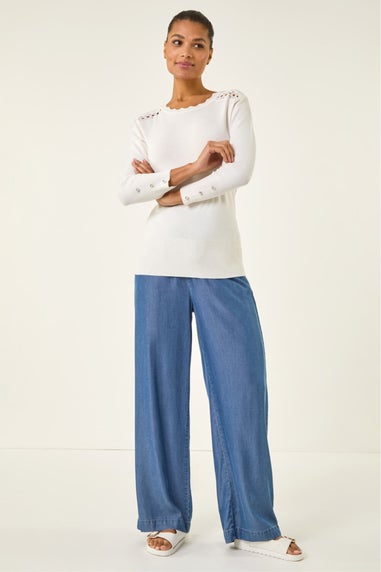 Roman Ivory Scalloped Neck Knit Jumper
