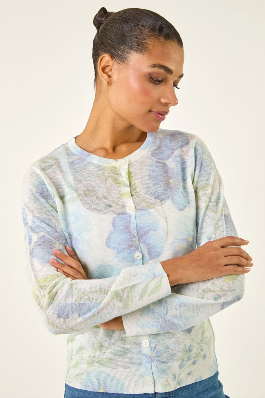 Roman Ivory Floral Print Knit Cardigan