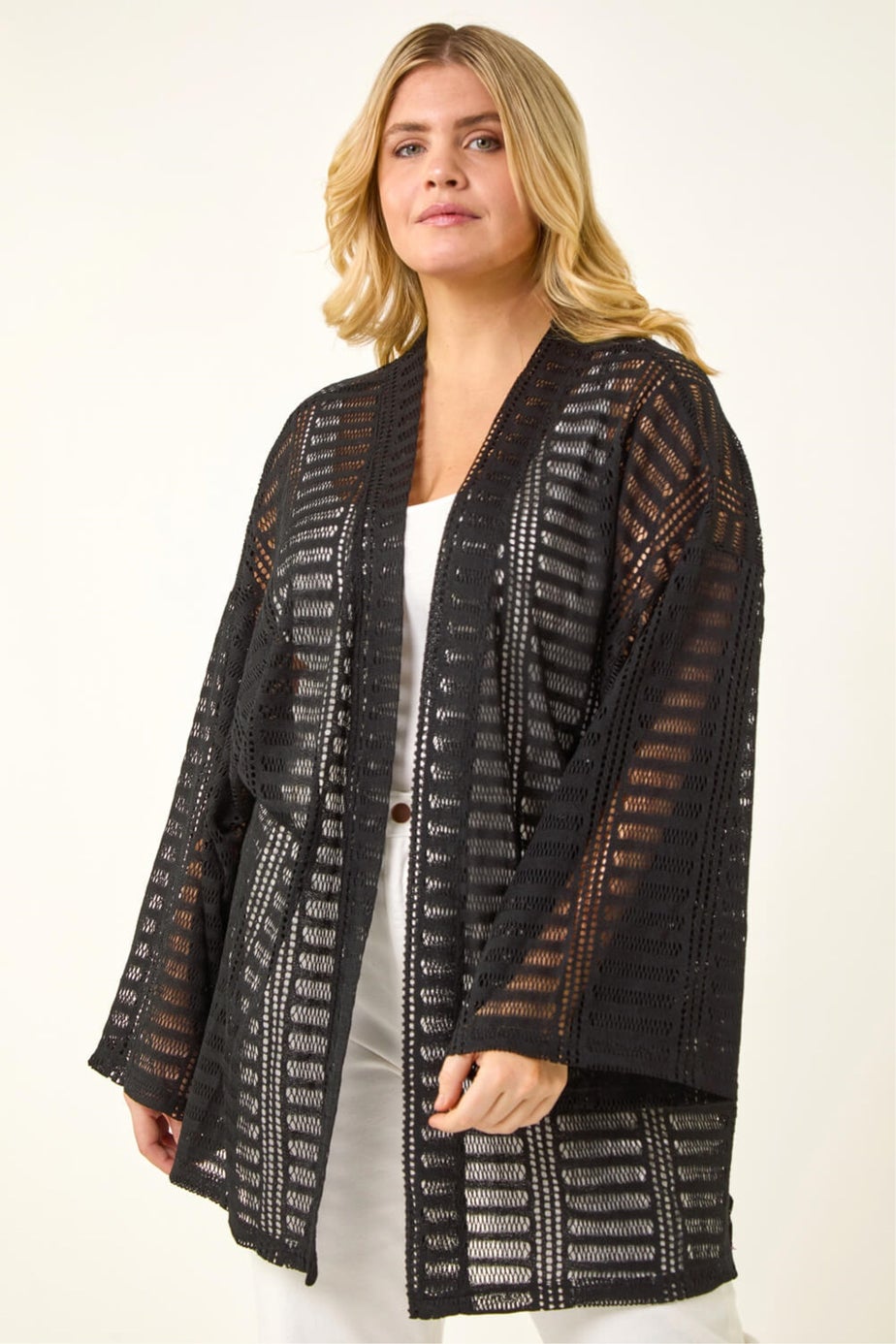Roman Black Curve Open Knit Cardigan