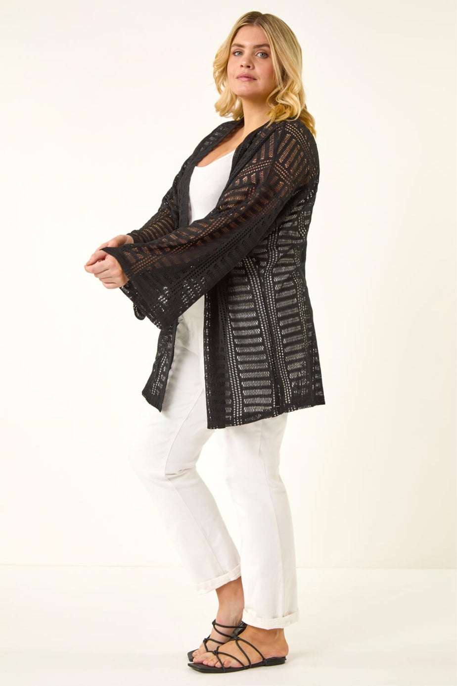 Roman Black Curve Open Knit Cardigan