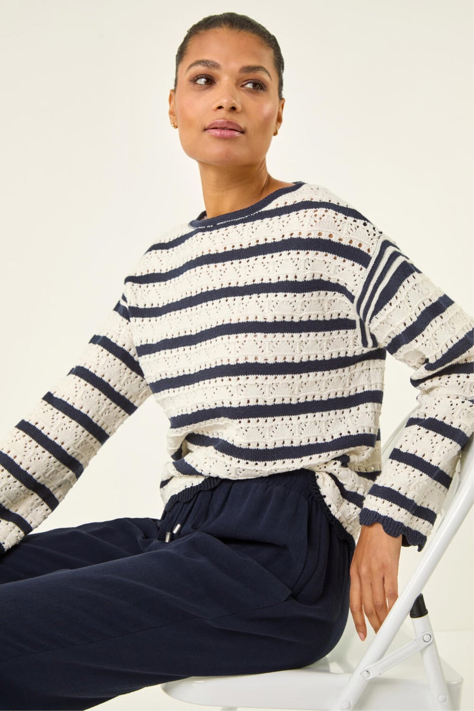 Roman Ivory Stripe Pointelle Knit Jumper