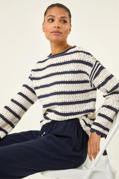 Roman Ivory Stripe Pointelle Knit Jumper