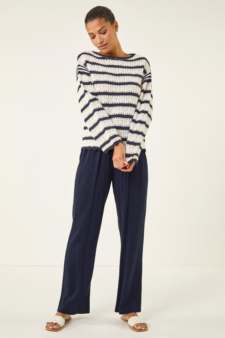 Roman Ivory Stripe Pointelle Knit Jumper