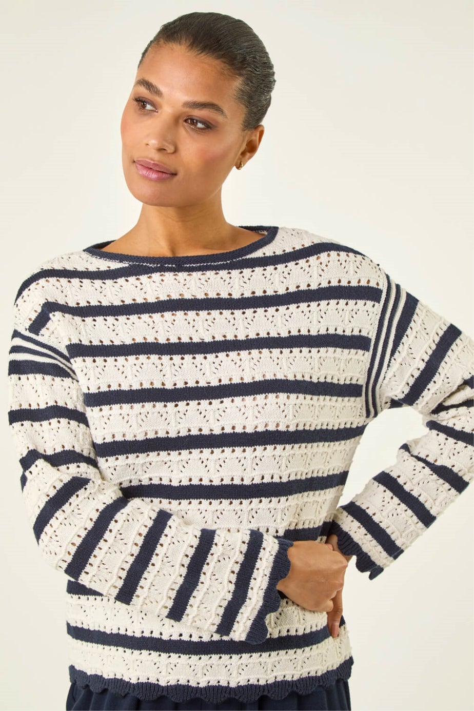 Roman Ivory Stripe Pointelle Knit Jumper