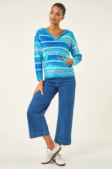 Roman Blue Textured V-Neck Knit Hoodie