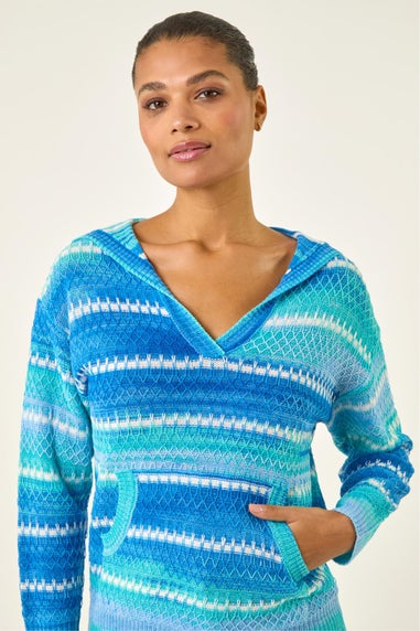 Roman Blue Textured V-Neck Knit Hoodie
