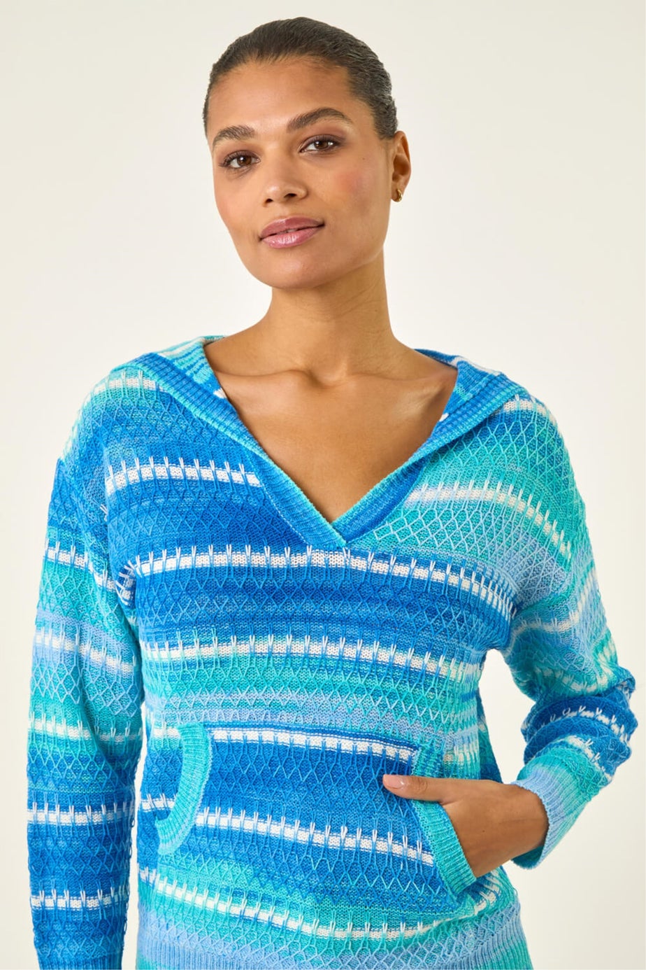 Roman Blue Textured V-Neck Knit Hoodie