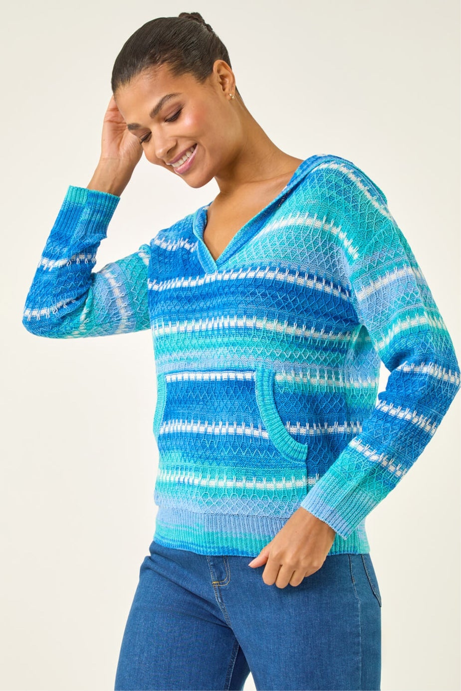 Roman Blue Textured V-Neck Knit Hoodie