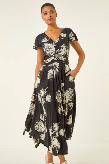 Roman Black Floral Print Ruched Midi Dress