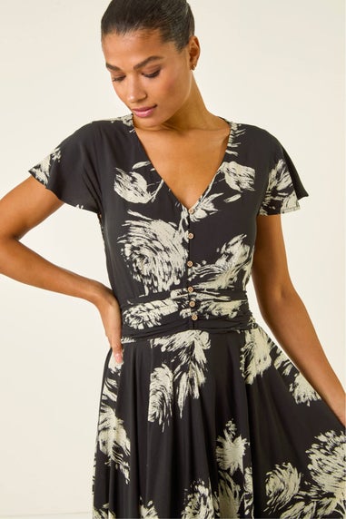 Roman Black Floral Print Ruched Midi Dress