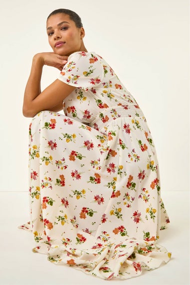 Roman Ivory Floral Print Buttoned Midi Dress