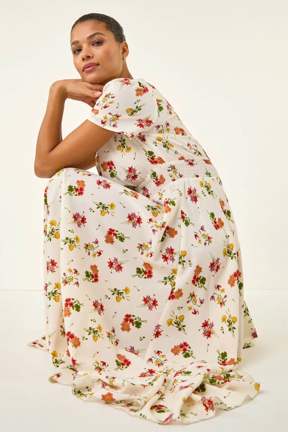 Roman Ivory Floral Print Buttoned Midi Dress