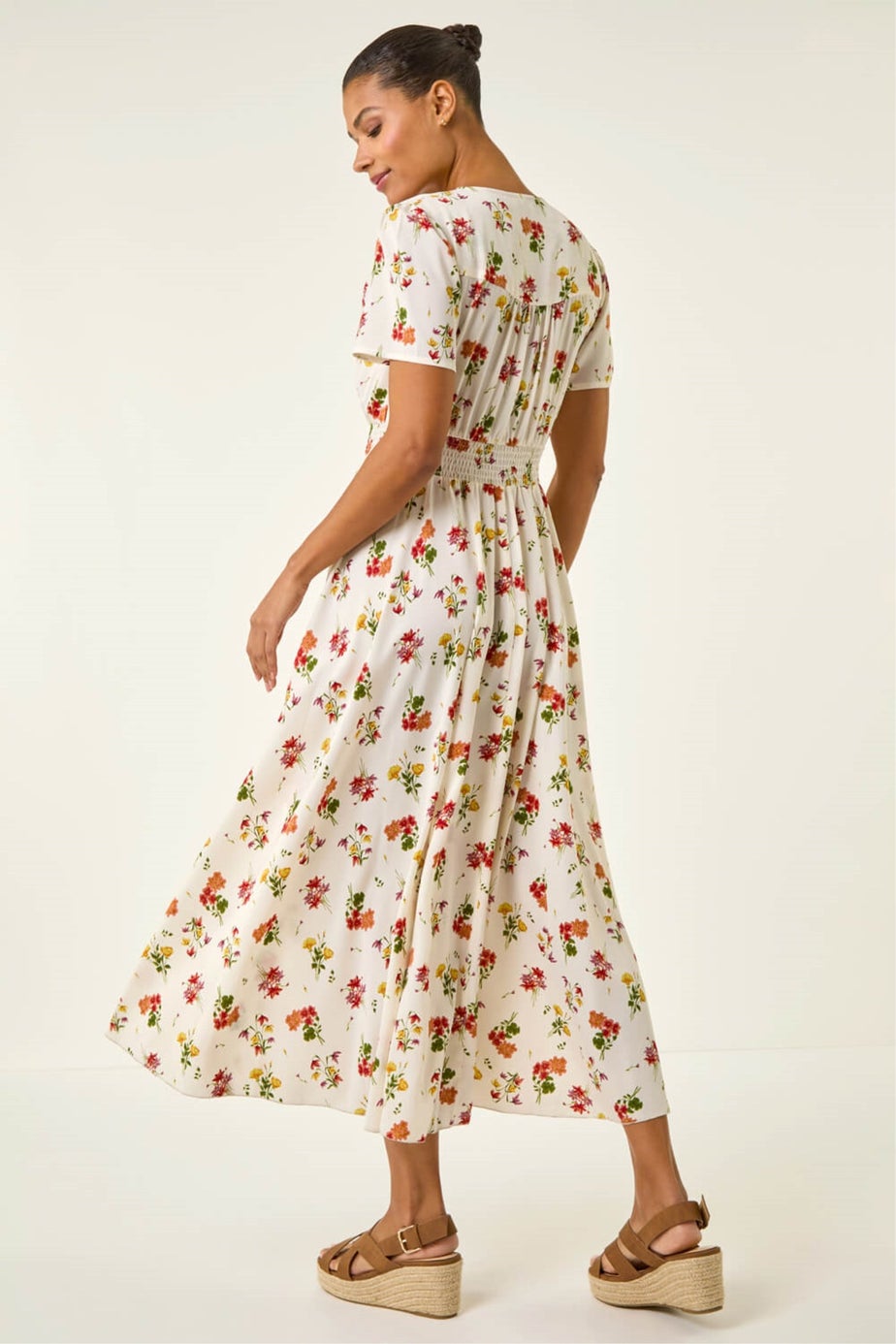 Roman Ivory Floral Print Buttoned Midi Dress