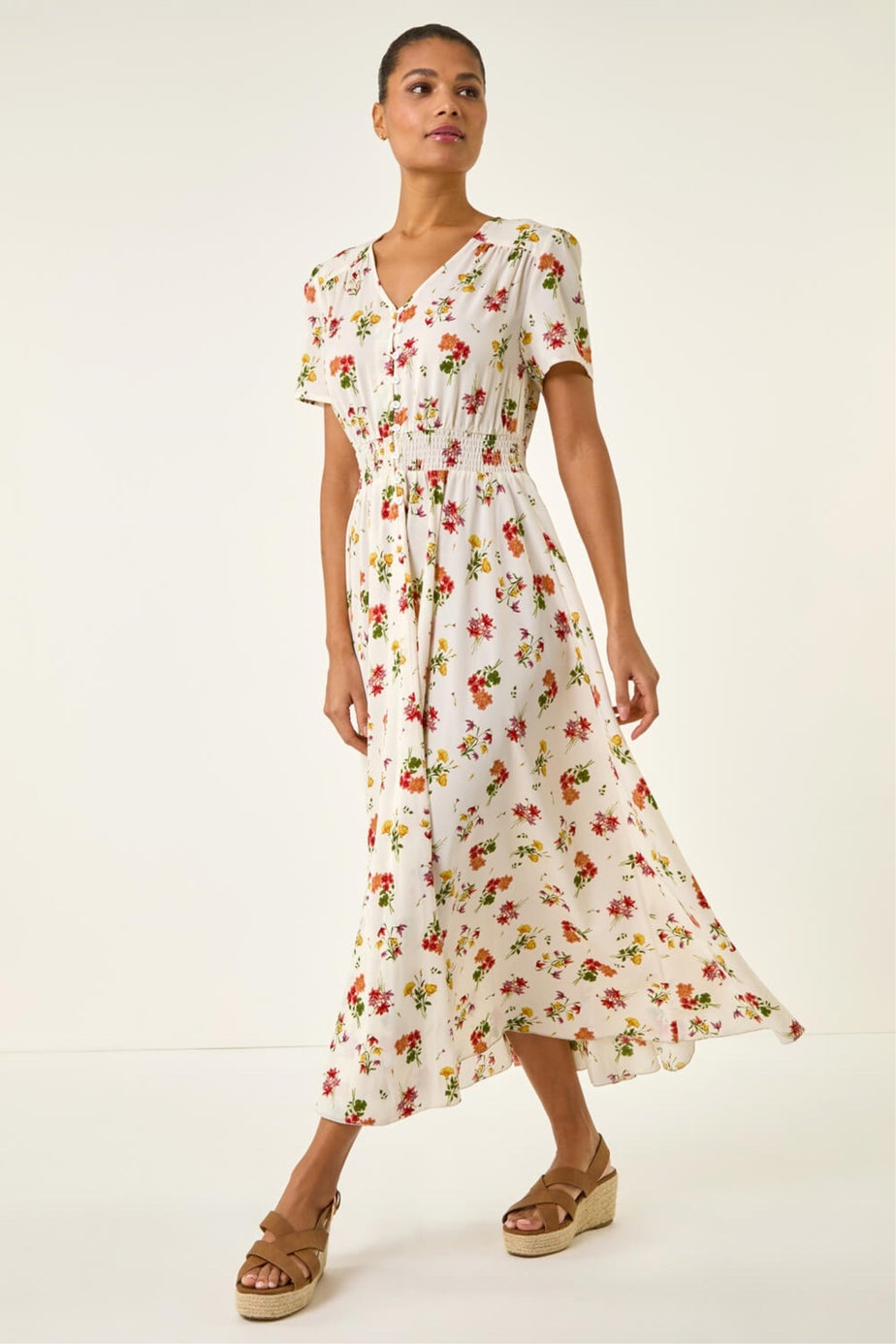 Roman Ivory Floral Print Buttoned Midi Dress