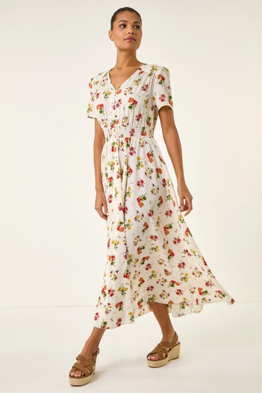 Roman Ivory Floral Print Buttoned Midi Dress