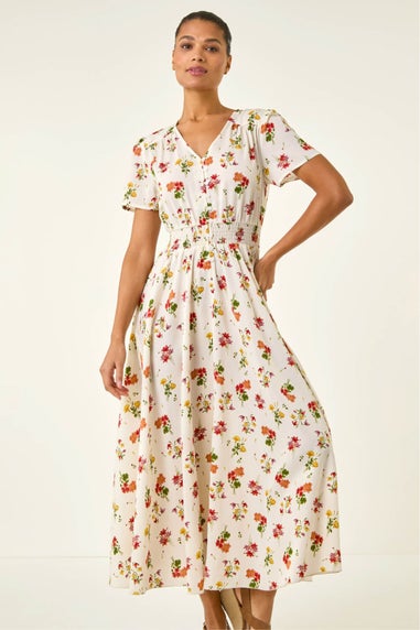 Roman Ivory Floral Print Buttoned Midi Dress