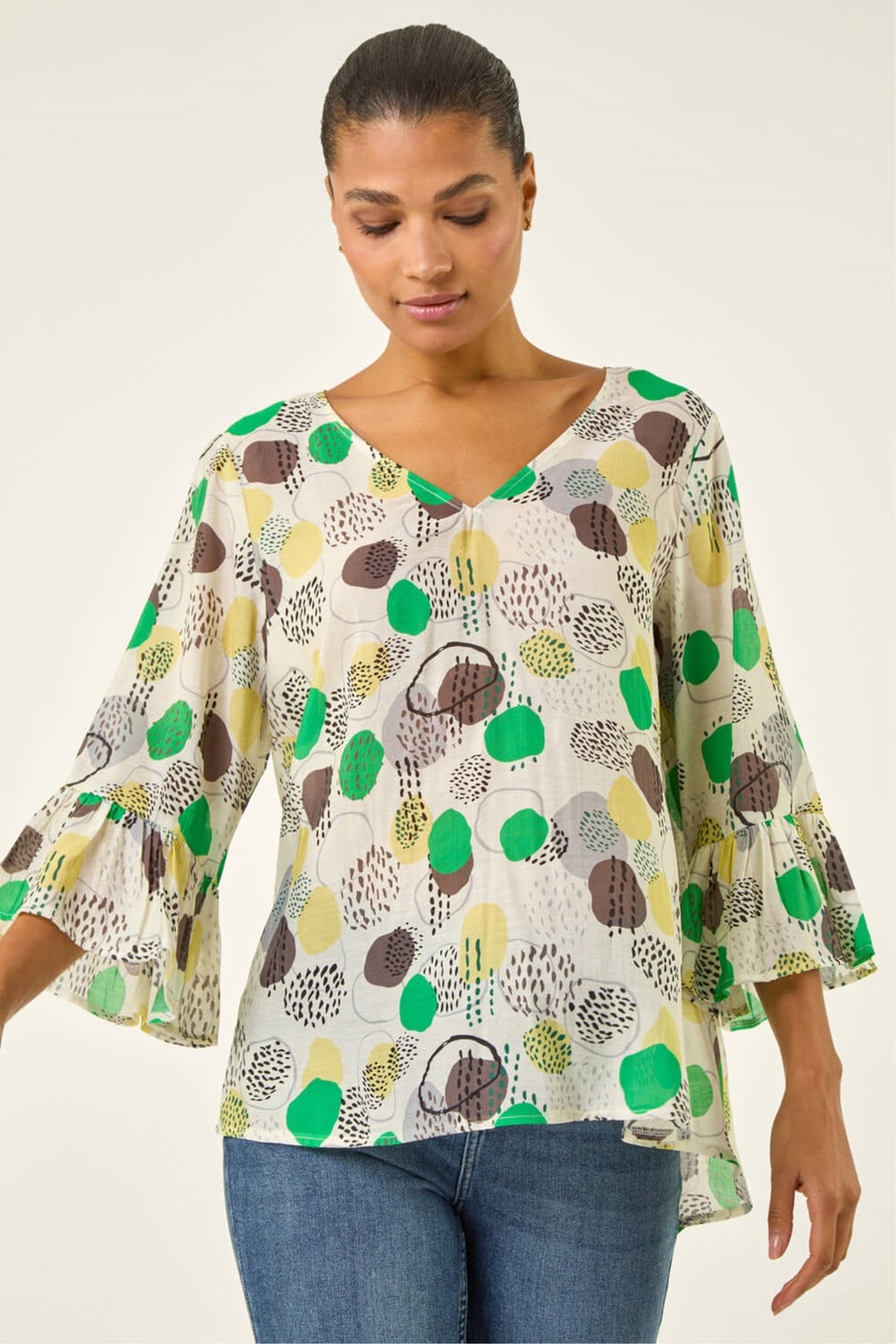 Roman Green Abstract Spot Flare Sleeve Top